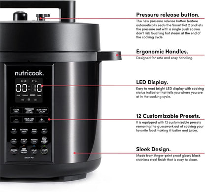 Nutricook Stainless Steel Smart Pot 2, 1000W, 9 In 1 Instant Programmable Electric Pressure Cooker, Slow Cooker, Rice Cooker, Steamer, Saute Pot, Warm Food, Smart Lid (Smart Pot 6 Litre) 