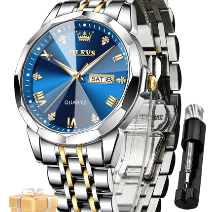 OLEVS Watch for Men Analog Quartz Dress Diamond Business Watches Two Tone Stainless Steel Waterproof Luminous Date Luxury Wrist Watch Man Gold Blue 