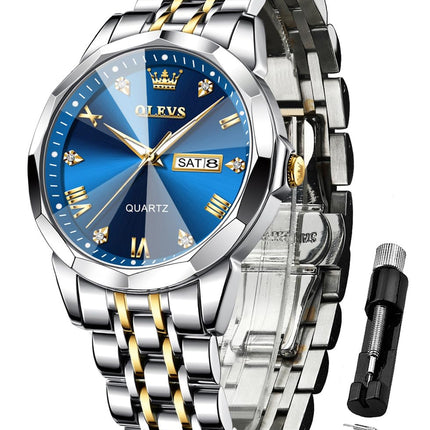 OLEVS Watch for Men Analog Quartz Dress Diamond Business Watches Two Tone Stainless Steel Waterproof Luminous Date Luxury Wrist Watch Man Gold Blue 