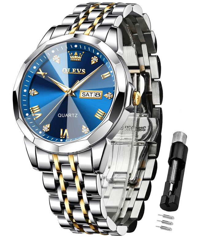 OLEVS Watch for Men Analog Quartz Dress Diamond Business Watches Two Tone Stainless Steel Waterproof Luminous Date Luxury Wrist Watch Man Gold Blue 