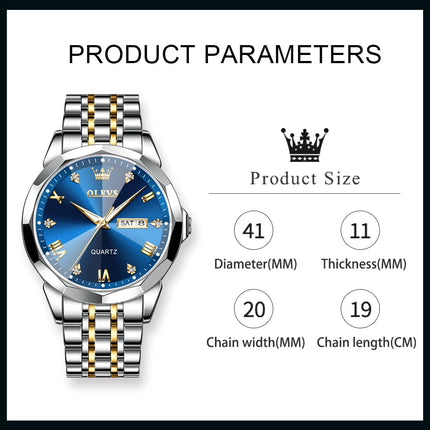 OLEVS Watch for Men Analog Quartz Dress Diamond Business Watches Two Tone Stainless Steel Waterproof Luminous Date Luxury Wrist Watch Man Gold Blue 