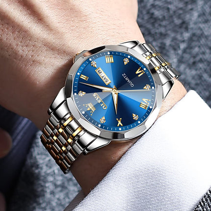 OLEVS Watch for Men Analog Quartz Dress Diamond Business Watches Two Tone Stainless Steel Waterproof Luminous Date Luxury Wrist Watch Man Gold Blue 