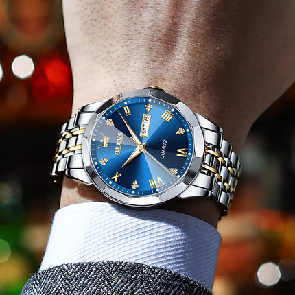 OLEVS Watch for Men Analog Quartz Dress Diamond Business Watches Two Tone Stainless Steel Waterproof Luminous Date Luxury Wrist Watch Man Gold Blue 