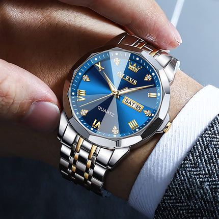 OLEVS Watch for Men Analog Quartz Dress Diamond Business Watches Two Tone Stainless Steel Waterproof Luminous Date Luxury Wrist Watch Man Gold Blue 