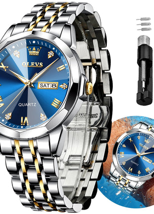 OLEVS Watch for Men Diamond Business Dress Analog Quartz Stainless Steel Waterproof Luminous Date Two Tone Luxury Casual Wrist Watch 