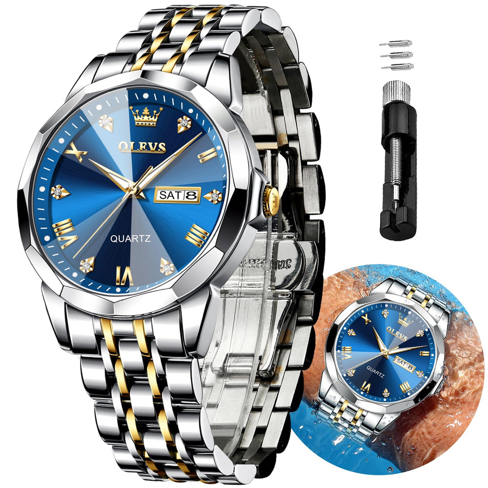 OLEVS Watch for Men Diamond Business Dress Analog Quartz Stainless Steel Waterproof Luminous Date Two Tone Luxury Casual Wrist Watch