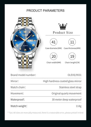 OLEVS Watch for Men Diamond Business Dress Analog Quartz Stainless Steel Waterproof Luminous Date Two Tone Luxury Casual Wrist Watch 