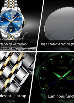 OLEVS Watch for Men Diamond Business Dress Analog Quartz Stainless Steel Waterproof Luminous Date Two Tone Luxury Casual Wrist Watch 