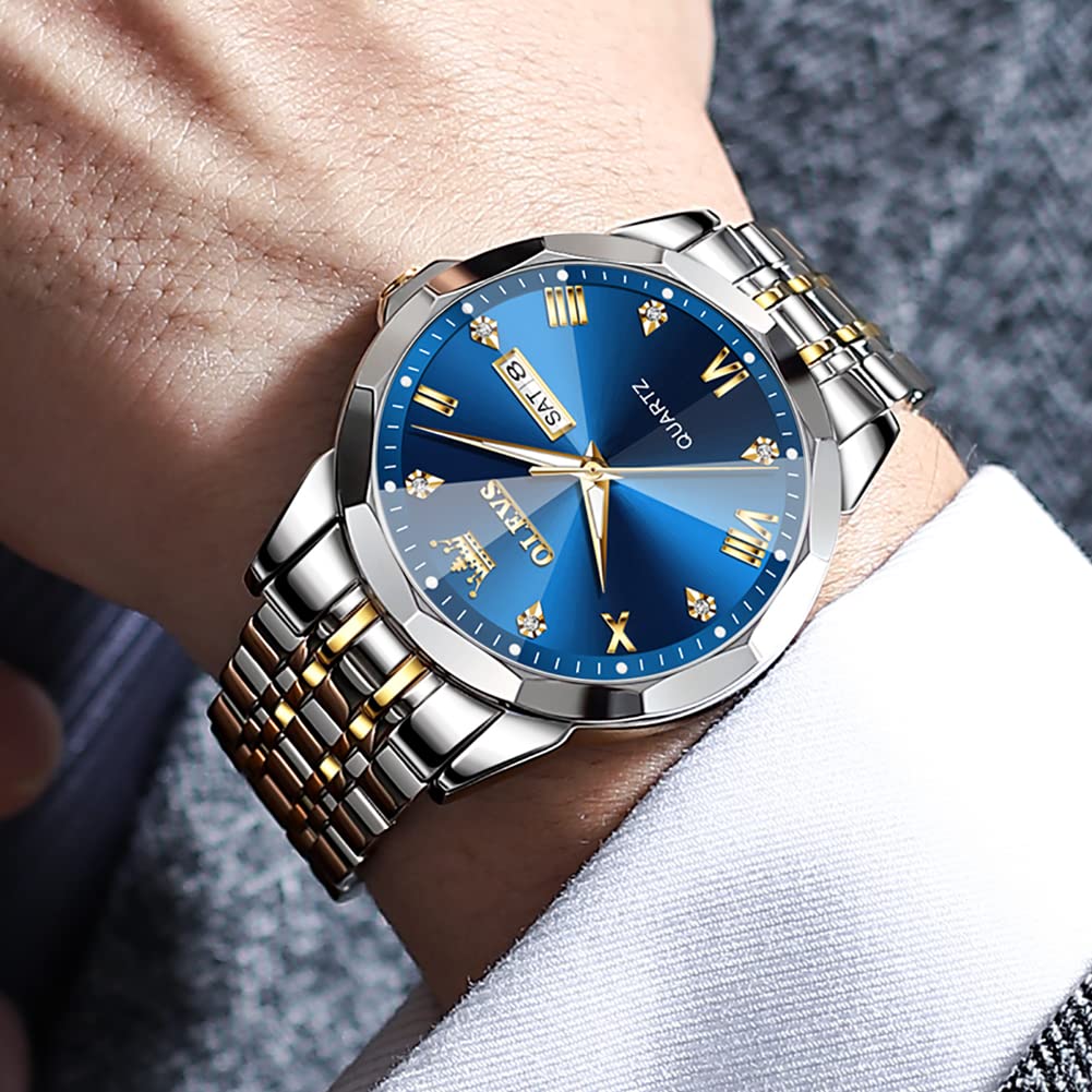OLEVS Watch for Men Diamond Business Dress Analog Quartz Stainless Steel Waterproof Luminous Date Two Tone Luxury Casual Wrist Watch 