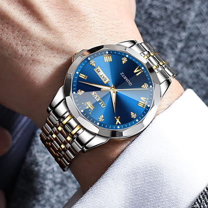 OLEVS Watch for Men Diamond Business Dress Analog Quartz Stainless Steel Waterproof Luminous Date Two Tone Luxury Casual Wrist Watch 