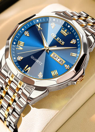 OLEVS Watch for Men Diamond Business Dress Analog Quartz Stainless Steel Waterproof Luminous Date Two Tone Luxury Casual Wrist Watch 