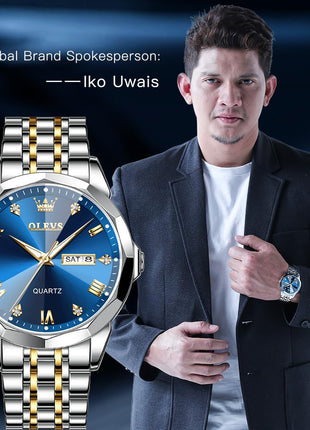 OLEVS Watch for Men Diamond Business Dress Analog Quartz Stainless Steel Waterproof Luminous Date Two Tone Luxury Casual Wrist Watch 