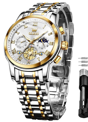 OLEVS Watches for Men Chronograph Business White Wrist Watches Analog Quartz Moon Phase Stainless Steel Waterproof Luminous Dress Watches 