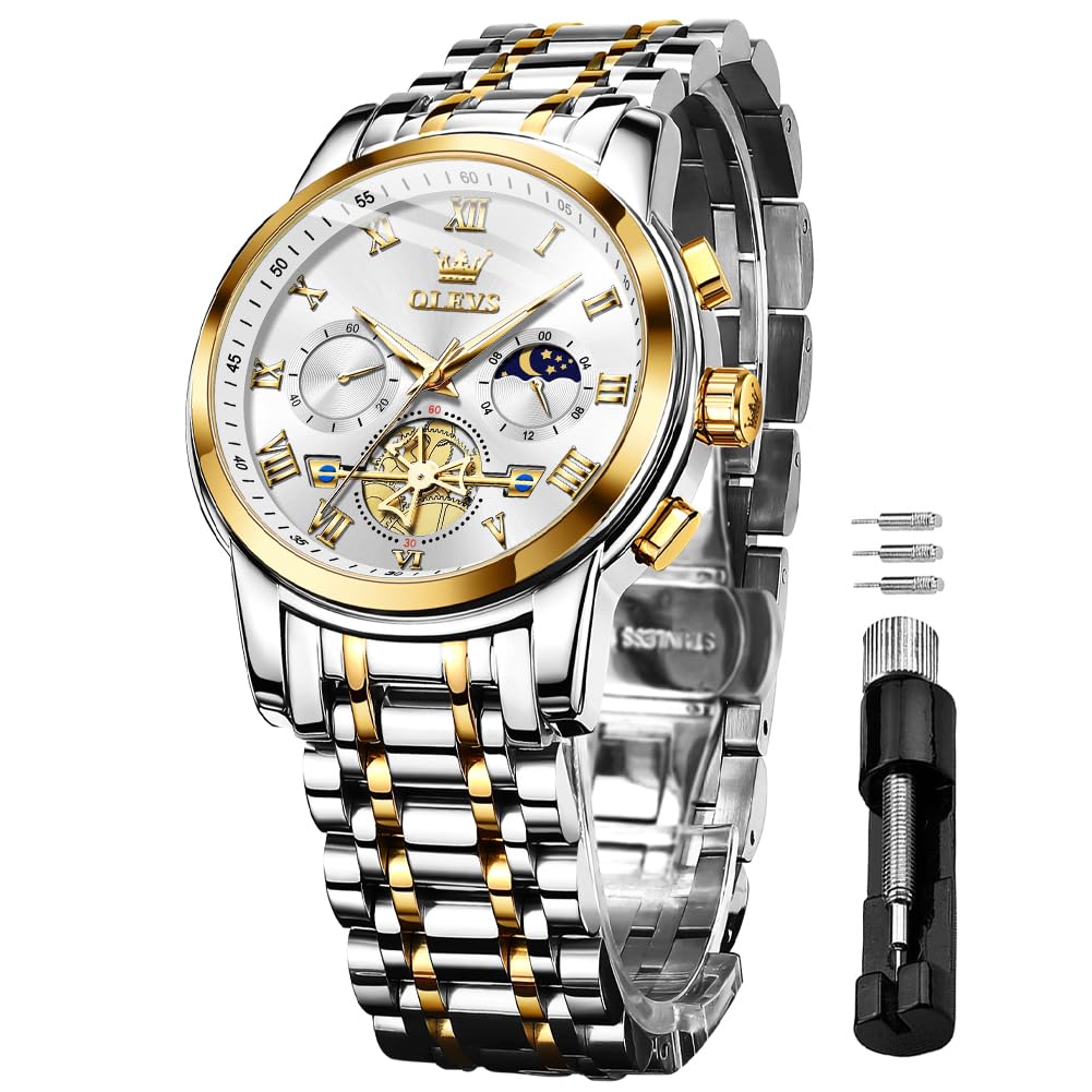 OLEVS Watches for Men Chronograph Business White Wrist Watches Analog Quartz Moon Phase Stainless Steel Waterproof Luminous Dress Watches 