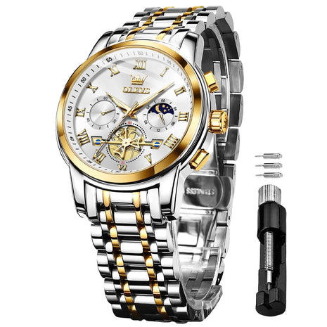 OLEVS Watches for Men Chronograph Business White Wrist Watches Analog Quartz Moon Phase Stainless Steel Waterproof Luminous Dress Watches 