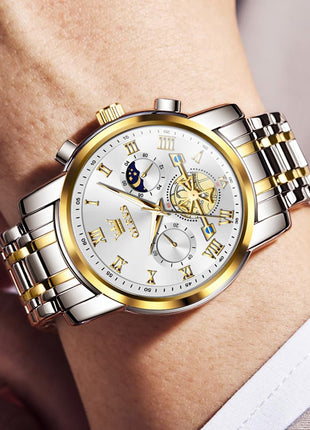 OLEVS Watches for Men Chronograph Business White Wrist Watches Analog Quartz Moon Phase Stainless Steel Waterproof Luminous Dress Watches 