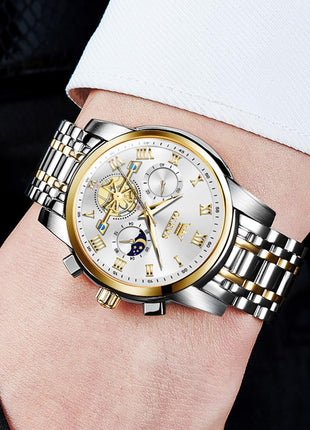 OLEVS Watches for Men Chronograph Business White Wrist Watches Analog Quartz Moon Phase Stainless Steel Waterproof Luminous Dress Watches 