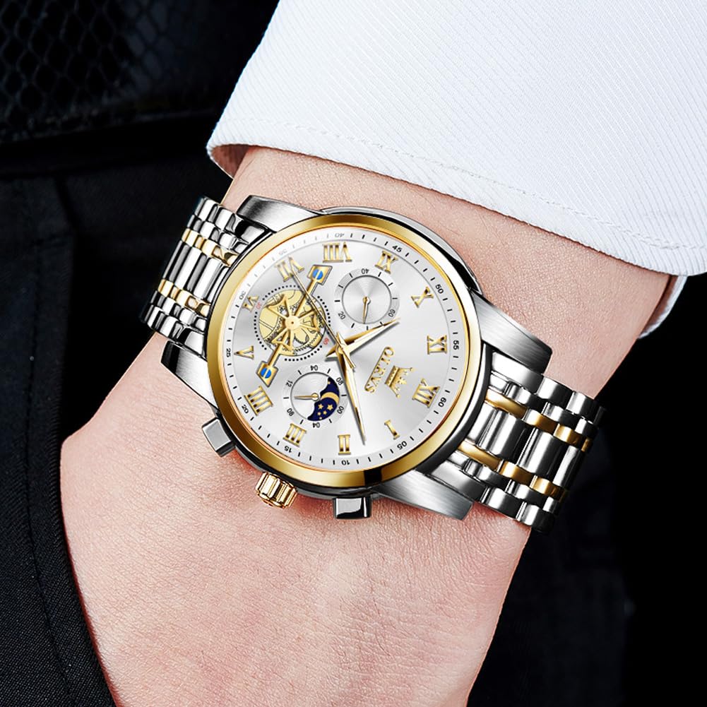OLEVS Watches for Men Chronograph Business White Wrist Watches Analog Quartz Moon Phase Stainless Steel Waterproof Luminous Dress Watches 