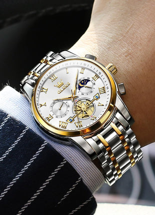 OLEVS Watches for Men Chronograph Business White Wrist Watches Analog Quartz Moon Phase Stainless Steel Waterproof Luminous Dress Watches 