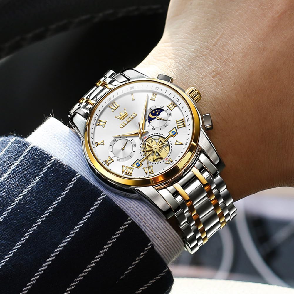 OLEVS Watches for Men Chronograph Business White Wrist Watches Analog Quartz Moon Phase Stainless Steel Waterproof Luminous Dress Watches 
