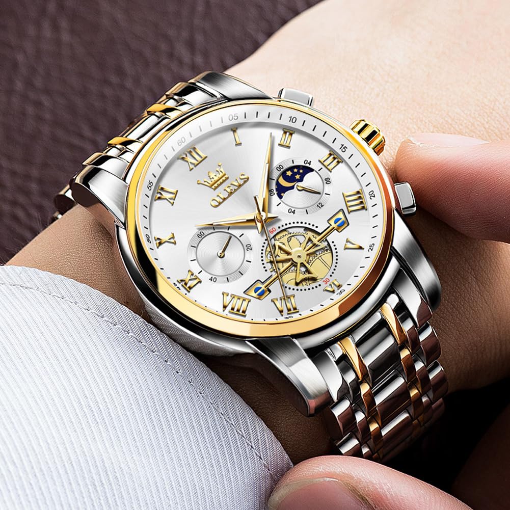 OLEVS Watches for Men Chronograph Business White Wrist Watches Analog Quartz Moon Phase Stainless Steel Waterproof Luminous Dress Watches 
