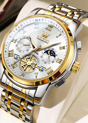 OLEVS Watches for Men Chronograph Business White Wrist Watches Analog Quartz Moon Phase Stainless Steel Waterproof Luminous Dress Watches 