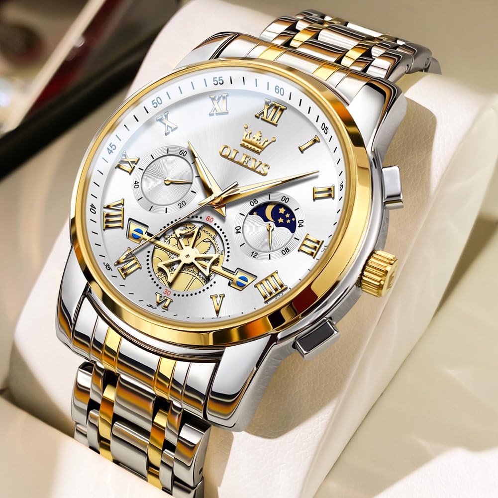 OLEVS Watches for Men Chronograph Business White Wrist Watches Analog Quartz Moon Phase Stainless Steel Waterproof Luminous Dress Watches 