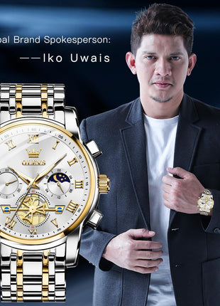 OLEVS Watches for Men Chronograph Business White Wrist Watches Analog Quartz Moon Phase Stainless Steel Waterproof Luminous Dress Watches 