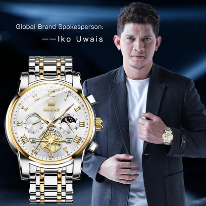 OLEVS Watches for Men Chronograph Business White Wrist Watches Analog Quartz Moon Phase Stainless Steel Waterproof Luminous Dress Watches 