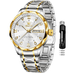 OLEVS Watches for Men Diamond Date Day Calendar White Wrist Watches Quartz Analog Stainless Steel Business Two Tone Waterproof Luminous Men Watch 