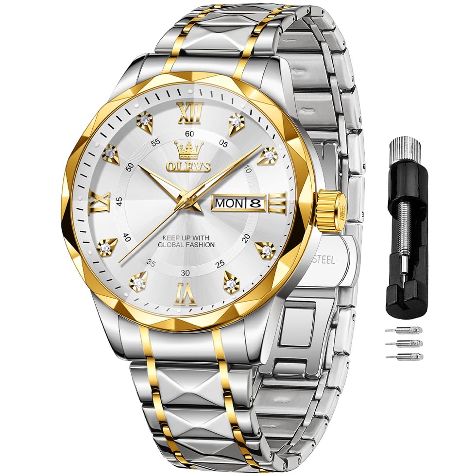 OLEVS Watches for Men Diamond Date Day Calendar White Wrist Watches Quartz Analog Stainless Steel Business Two Tone Waterproof Luminous Men Watch 