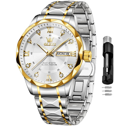 OLEVS Watches for Men Diamond Date Day Calendar White Wrist Watches Quartz Analog Stainless Steel Business Two Tone Waterproof Luminous Men Watch 