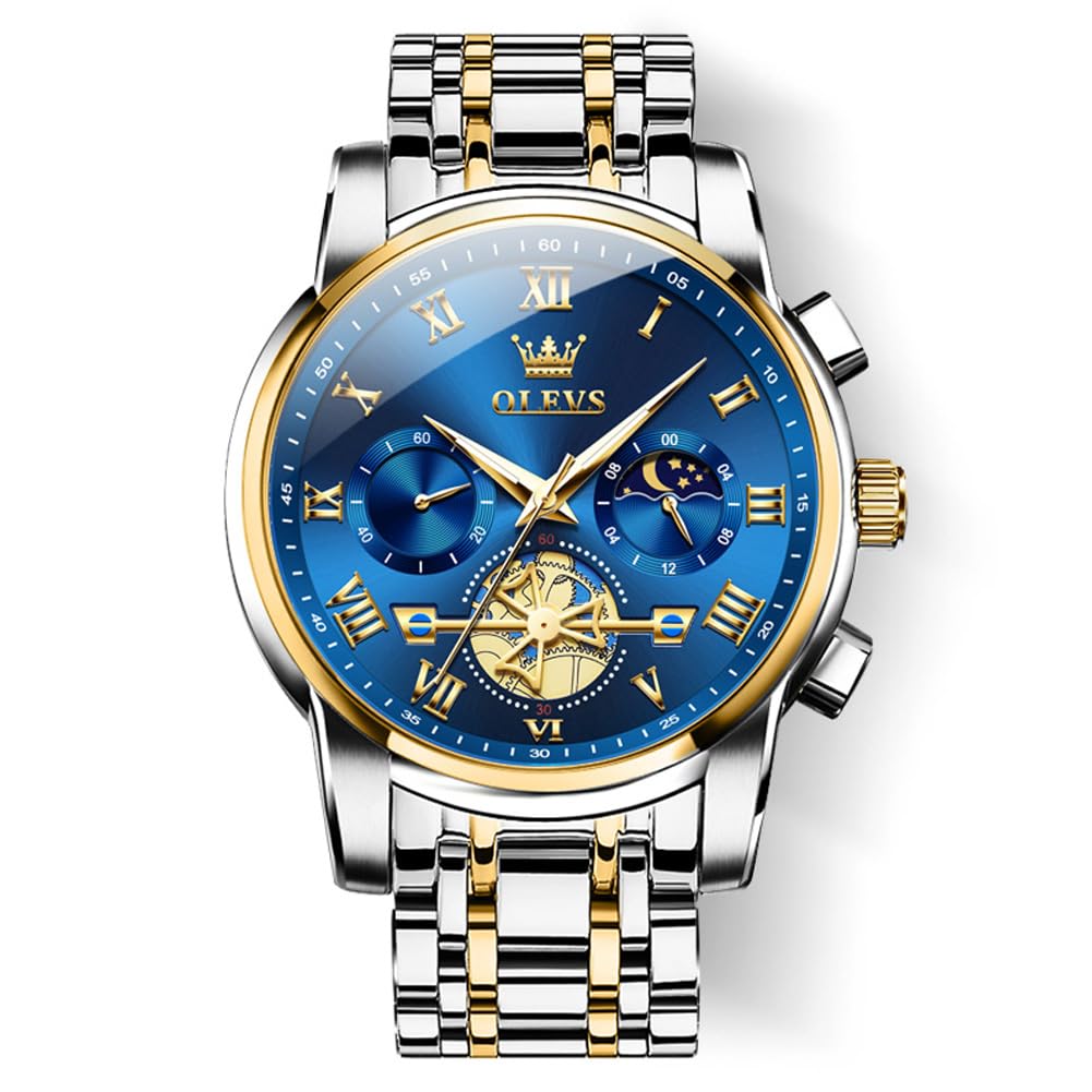 OLEVS chronograph Men's Stainless Steel Watch (Blue Dial Silver Colored Strap) 