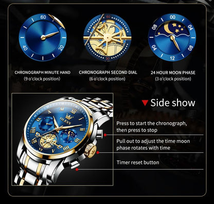 OLEVS chronograph Men's Stainless Steel Watch (Blue Dial Silver Colored Strap) 