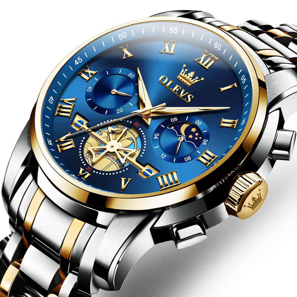 OLEVS chronograph Men's Stainless Steel Watch (Blue Dial Silver Colored Strap) 