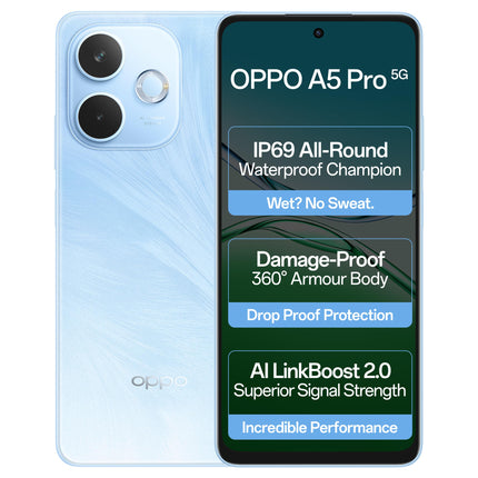 OPPO A5 Pro 5G (Feather Blue, 8GB RAM, 256GB Storage)|6.67” HD+ 120Hz Refresh Rate Screen | 45W SUPERVOOC|with No Cost EMI/Additional Exchange Offers. 