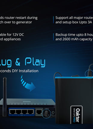 Oakter Mini UPS PRO for High Capacity WiFi Routers 12V & Upto 3A | Power Backup Upto 8 Hours | Supports Jio, Airtel & Other Routers | 12 Months Warranty | Current Surge & Deep Discharge Protection | 