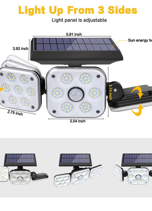Ohotter Aluminium Outdoor Solar Light, Solar Light With Motion Sensor Ip65 Waterproof 138 Led Outdoor Solar Floodlight 3 Heads For Garden [Energy Class A+++] (1 Pack) 