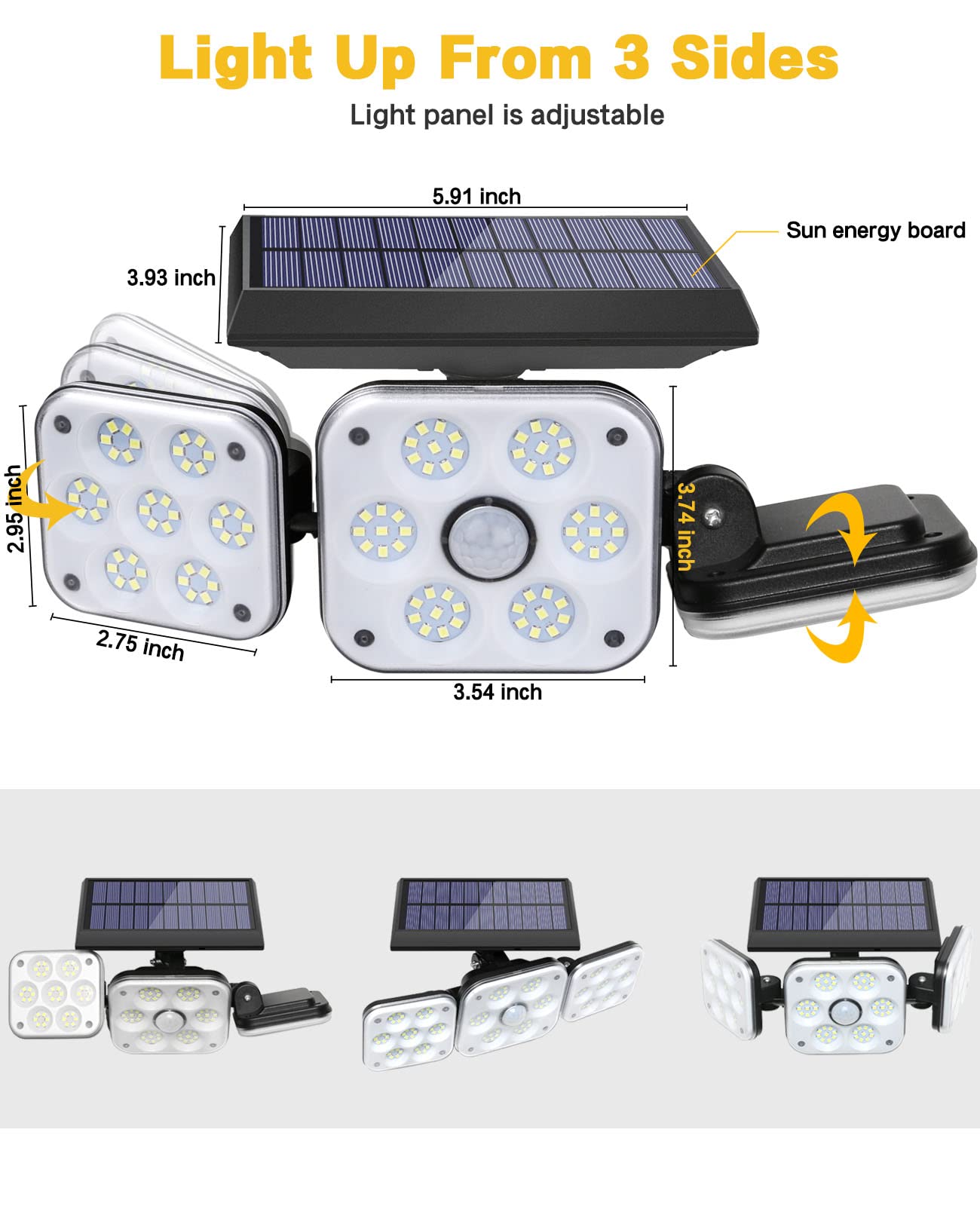 Ohotter Aluminium Outdoor Solar Light, Solar Light With Motion Sensor Ip65 Waterproof 138 Led Outdoor Solar Floodlight 3 Heads For Garden [Energy Class A+++] (1 Pack) 