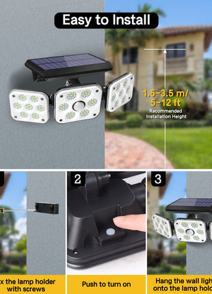 Ohotter Aluminium Outdoor Solar Light, Solar Light With Motion Sensor Ip65 Waterproof 138 Led Outdoor Solar Floodlight 3 Heads For Garden [Energy Class A+++] (1 Pack) 