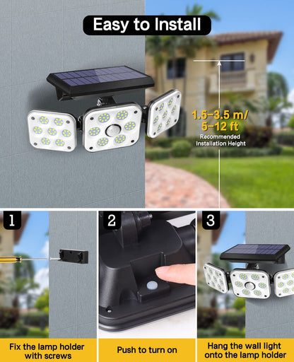 Ohotter Aluminium Outdoor Solar Light, Solar Light With Motion Sensor Ip65 Waterproof 138 Led Outdoor Solar Floodlight 3 Heads For Garden [Energy Class A+++] (1 Pack) 