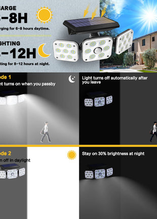 Ohotter Aluminium Outdoor Solar Light, Solar Light With Motion Sensor Ip65 Waterproof 138 Led Outdoor Solar Floodlight 3 Heads For Garden [Energy Class A+++] (1 Pack) 