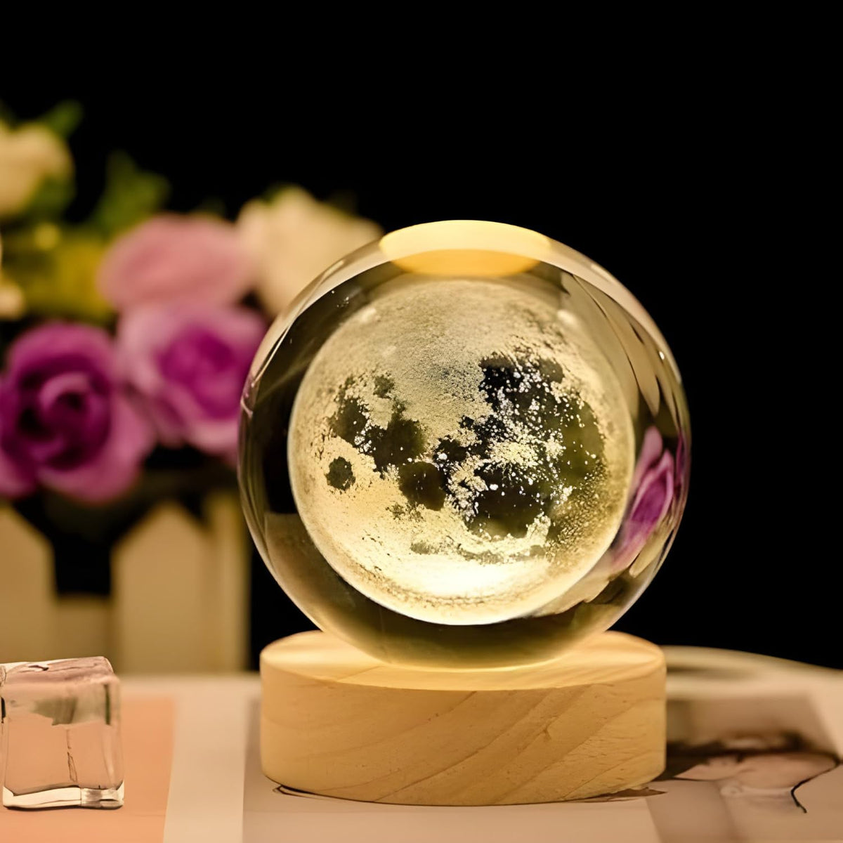 One94Store 3D Crystal Moon Lamp – Engraved Crystal Ball LED Night Light with Wooden Base, USB Powered, Ideal for Home & Office Décor, Birthday Gift for Adults (Warm White) 