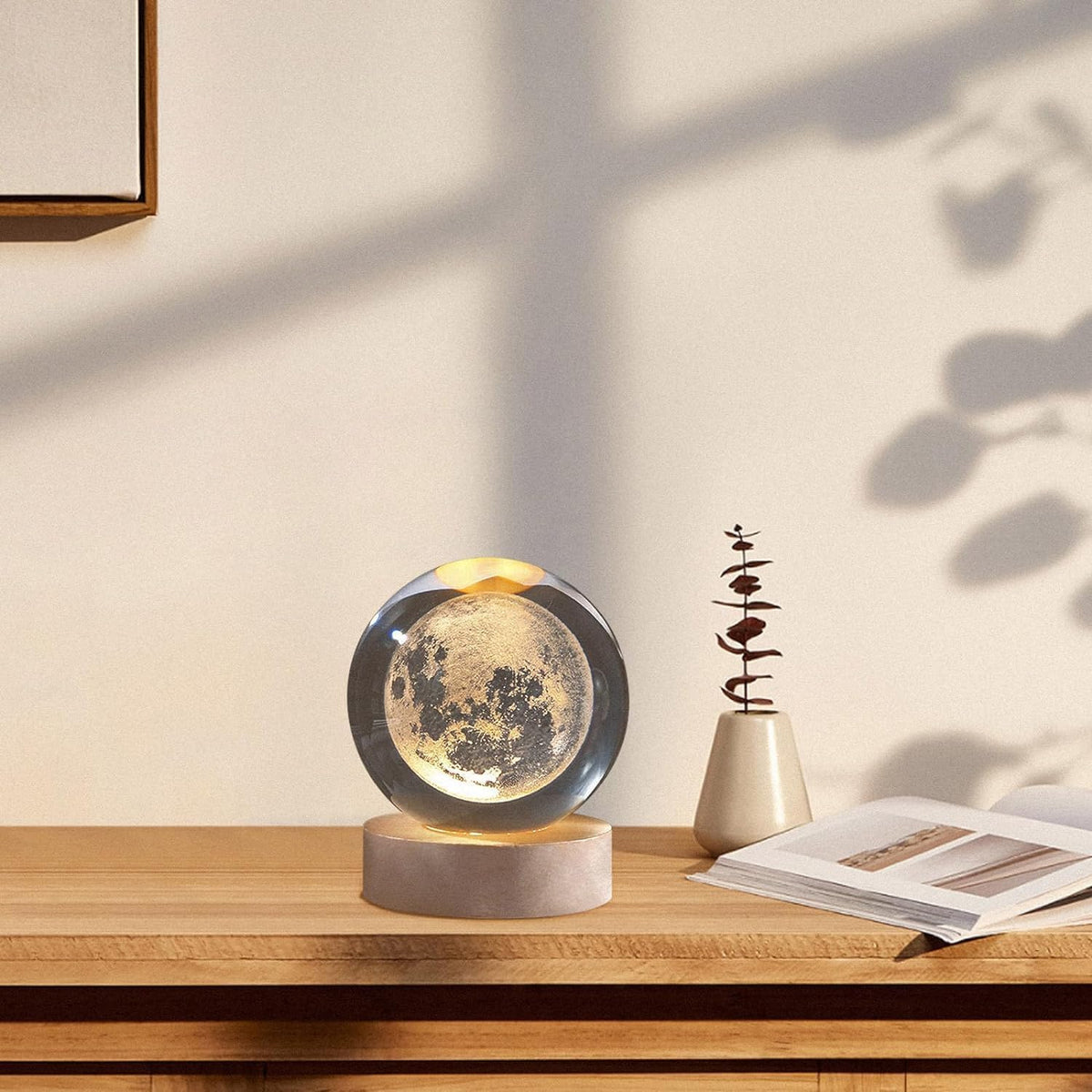 One94Store 3D Crystal Moon Lamp – Engraved Crystal Ball LED Night Light with Wooden Base, USB Powered, Ideal for Home & Office Décor, Birthday Gift for Adults (Warm White) 