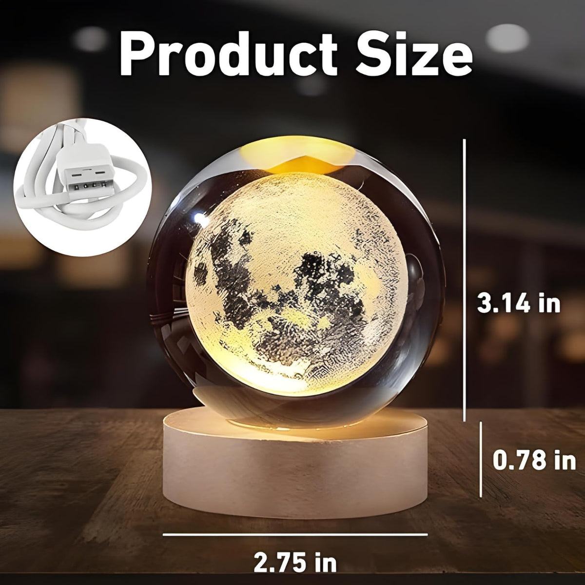 One94Store 3D Crystal Moon Lamp – Engraved Crystal Ball LED Night Light with Wooden Base, USB Powered, Ideal for Home & Office Décor, Birthday Gift for Adults (Warm White) 