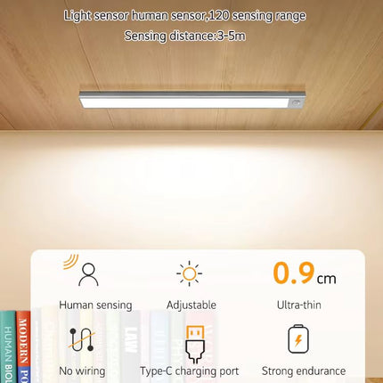 One94Store 40cm Rechargeable Motion Sensor LED Light – Intelligent Induction Under Cabinet Light, 3 Modes, 1200mAh Battery, Magnetic Wireless Closet Light for Wardrobe, Kitchen, Cupboard (Aluminum) 