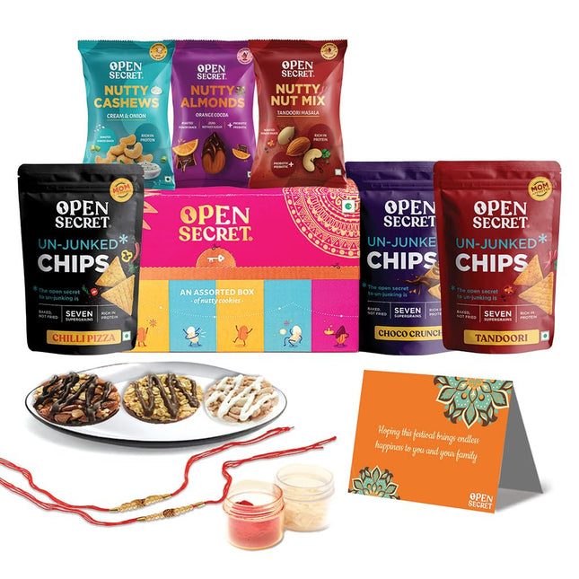 Open Secret Rakhi Set for Brother | Combo of 11 | Rakhi Gift for Brother & Bhabhi, Gift Hamper, Rakshabandhan Gifts for Sister, Dry Fruits, Cookies, Chips, Rakhis, Card & Roli Chawal Tilak Set 