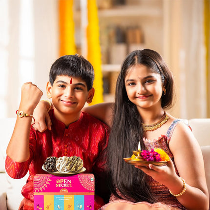 Open Secret Rakhi Set for Brother | Combo of 11 | Rakhi Gift for Brother & Bhabhi, Gift Hamper, Rakshabandhan Gifts for Sister, Dry Fruits, Cookies, Chips, Rakhis, Card & Roli Chawal Tilak Set 
