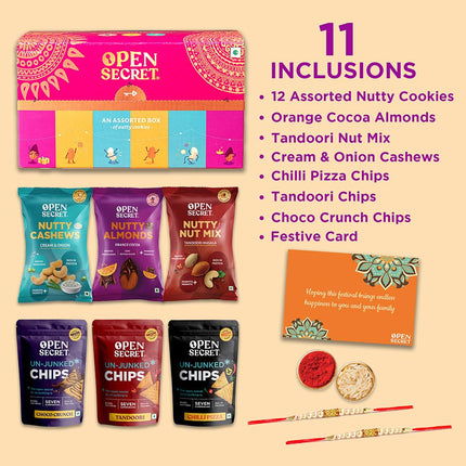 Open Secret Rakhi Set for Brother | Combo of 11 | Rakhi Gift for Brother & Bhabhi, Gift Hamper, Rakshabandhan Gifts for Sister, Dry Fruits, Cookies, Chips, Rakhis, Card & Roli Chawal Tilak Set 