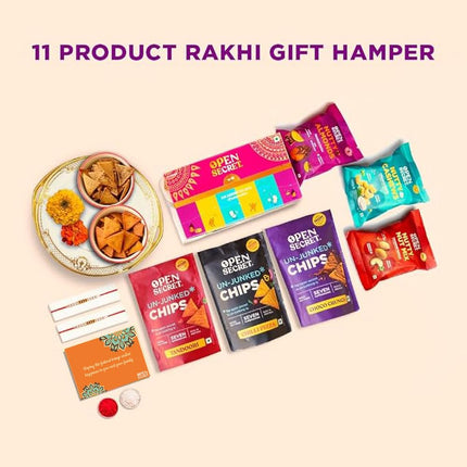 Open Secret Rakhi Set for Brother | Combo of 11 | Rakhi Gift for Brother & Bhabhi, Gift Hamper, Rakshabandhan Gifts for Sister, Dry Fruits, Cookies, Chips, Rakhis, Card & Roli Chawal Tilak Set 